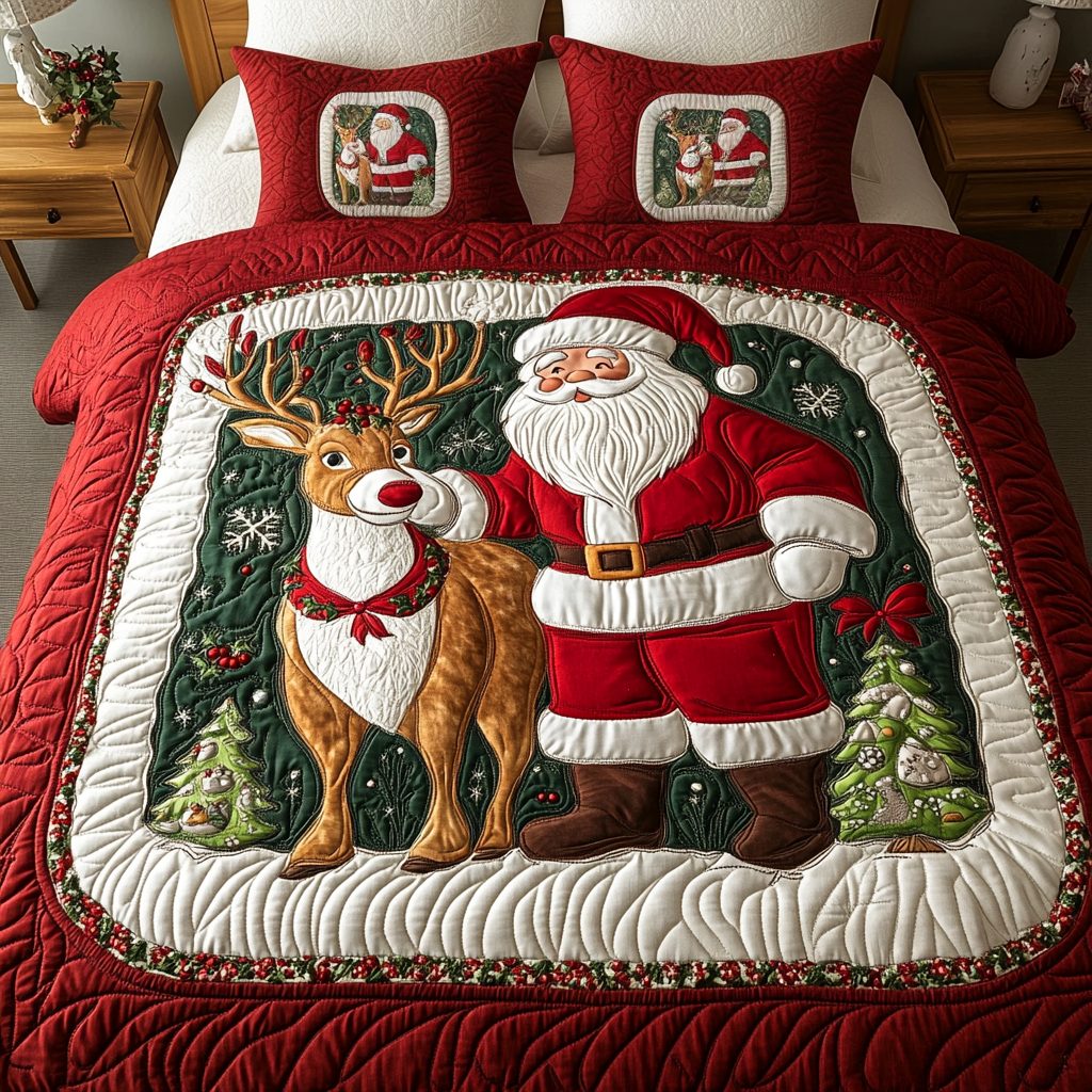 Snowflake Season quilted 3-piece bedding set on a made bed in a winter-styled bedroom