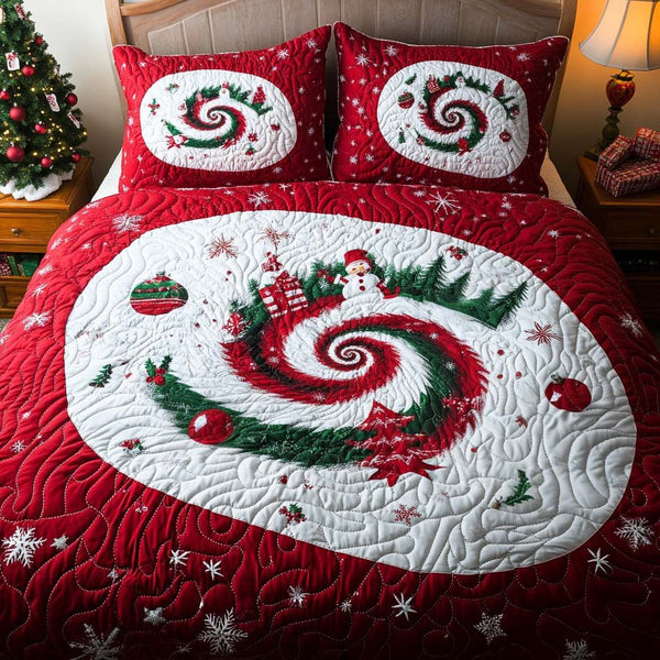 Snowflake Swirl quilted 3-piece bedding set on a made bed in a winter-styled bedroom