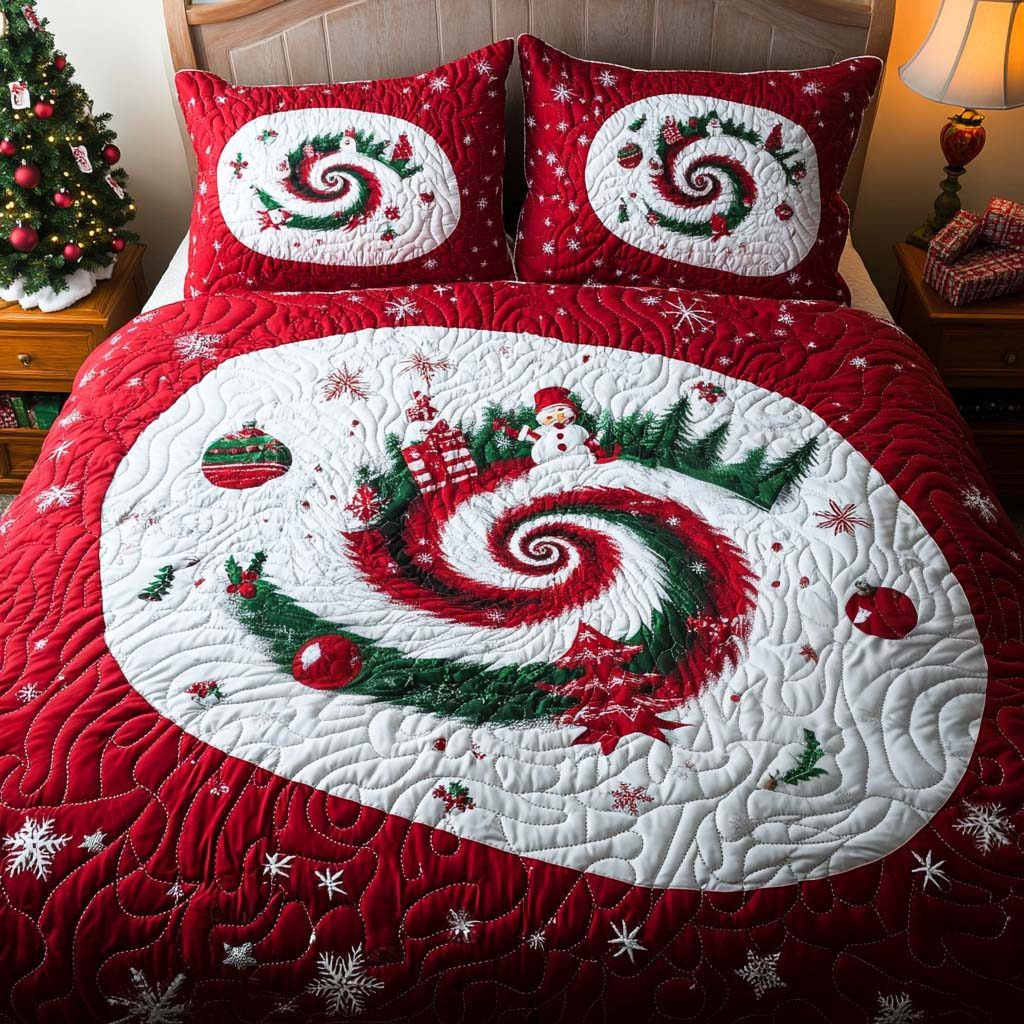 Snowflake Swirl quilted 3-piece bedding set on a made bed in a winter-styled bedroom