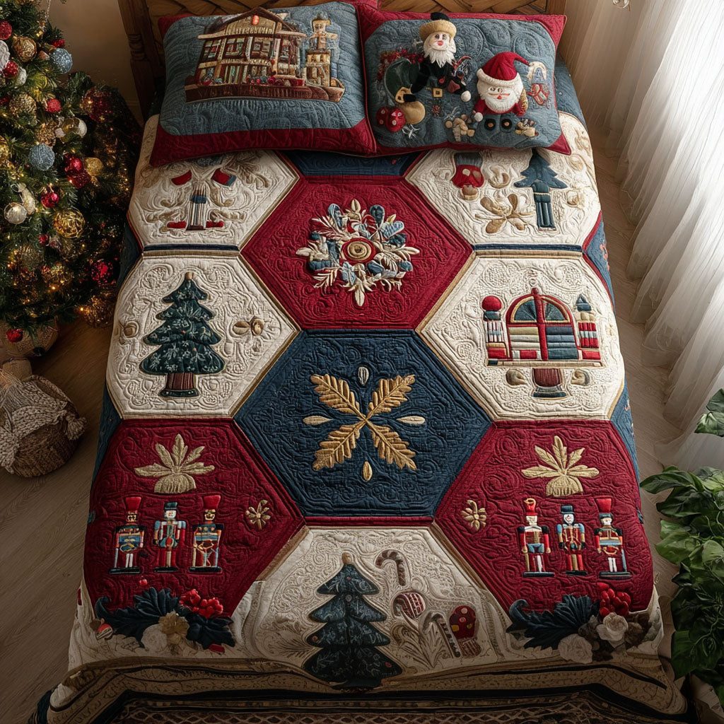 Snowflake Waltz quilted 3-piece bedding set on a made bed in a winter-styled bedroom