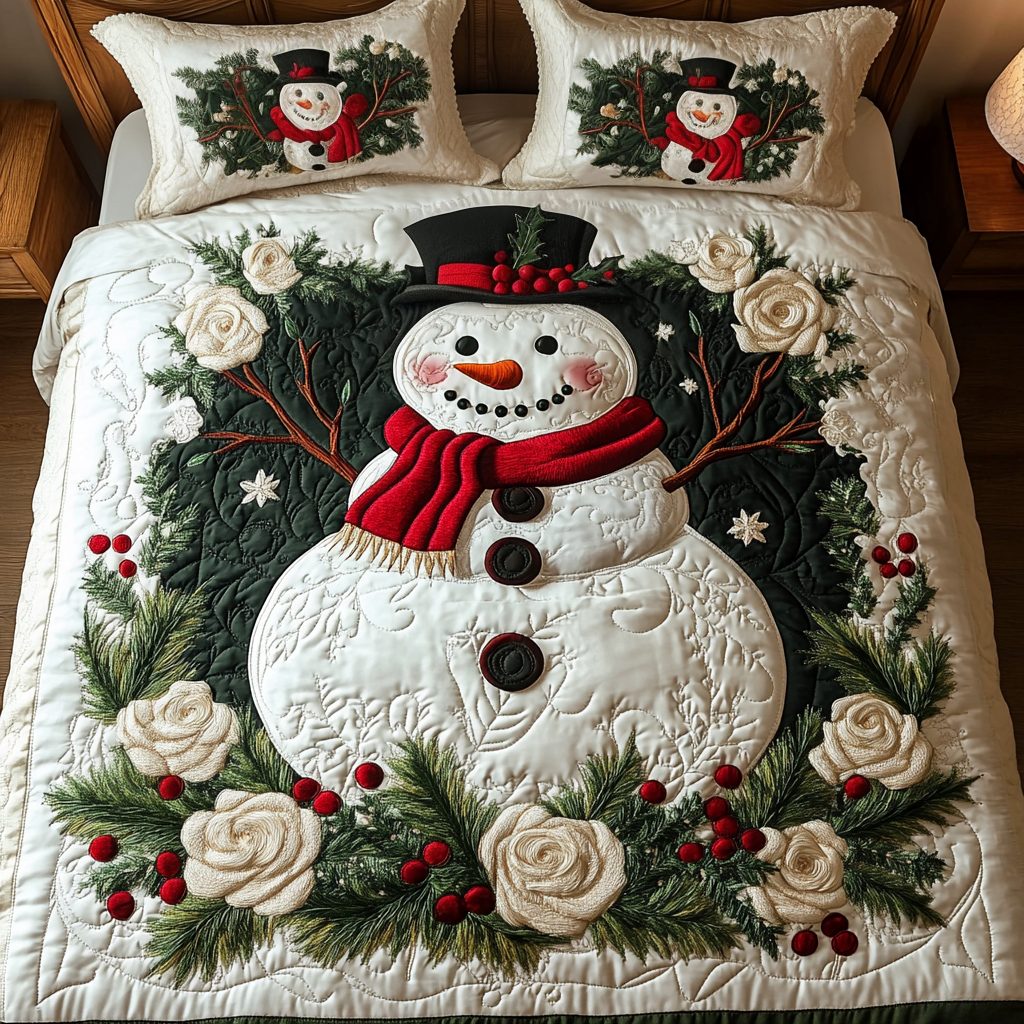 Snowland Bliss quilted 3-piece bedding set on a made bed with two matching pillow shams