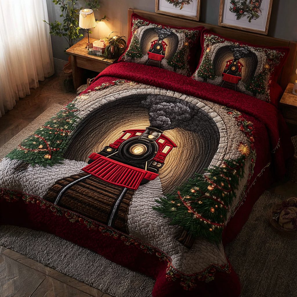 Snowland Ride quilted 3-piece bedding set on a made bed with two matching pillow shams