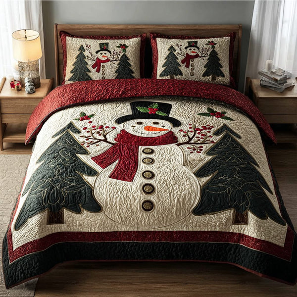 Snowman Charm quilted 3-piece bedding set on a made bed in a winter-styled bedroom