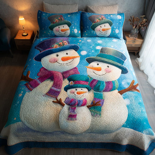 Snowman Cheer quilted 3-piece bedding set on a made bed in a winter-styled bedroom