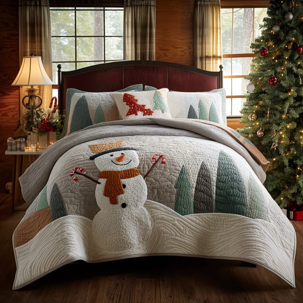 Snowman Cheer quilted 3-piece bedding set on a made bed in a winter-styled bedroom