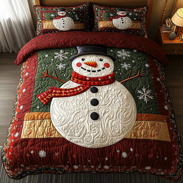 Snowman Delight quilted 3-piece bedding set on a made bed in a winter-styled bedroom