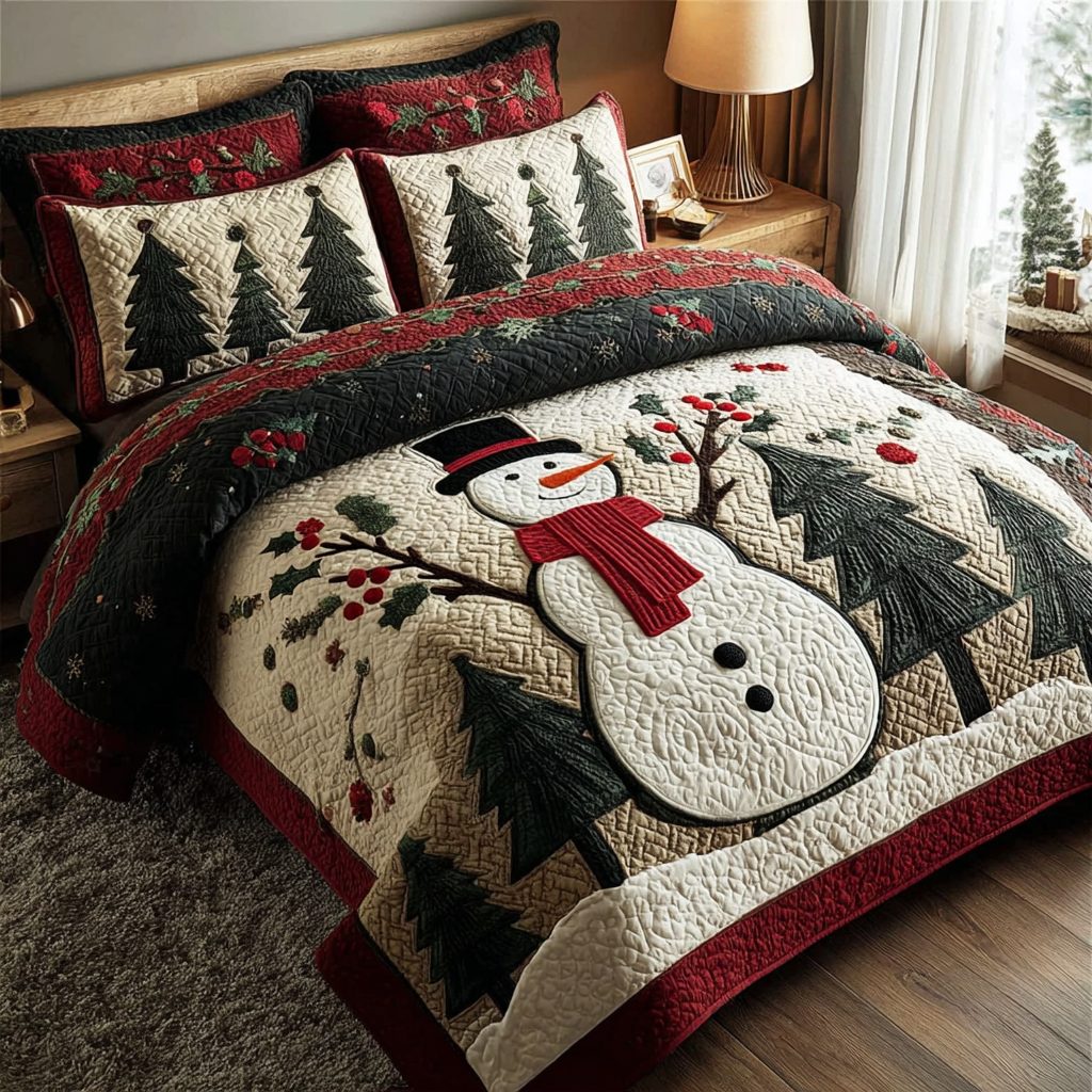 Snowman Delight quilted 3-piece bedding set on a made bed in a winter-styled bedroom