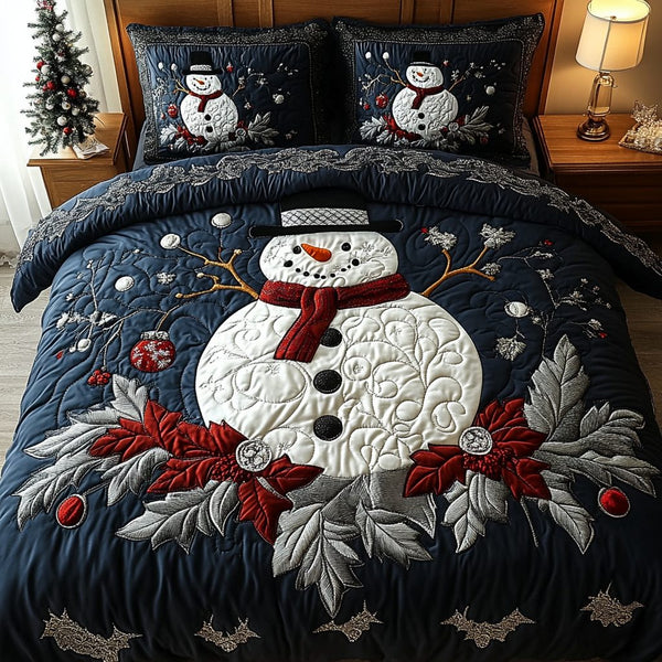 Snowman Delight quilted 3-piece bedding set on a made bed in a winter-styled bedroom