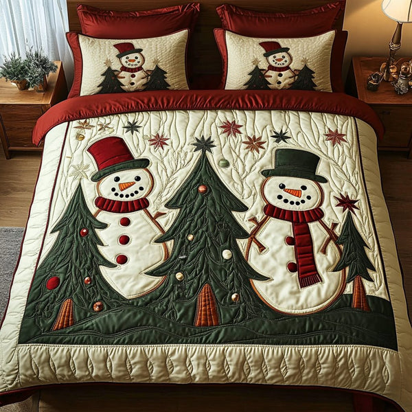 Snowman Delight quilted 3-piece bedding set on a made bed in a winter-styled bedroom