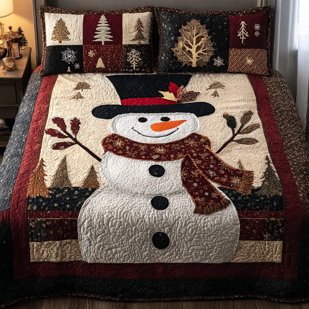 Snowman Dream quilted 3-piece bedding set on a made bed in a winter-styled bedroom