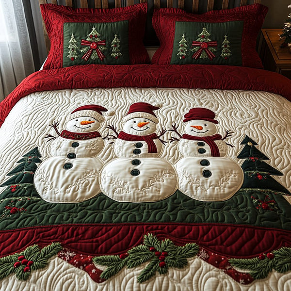 Snowman Dream quilted 3-piece bedding set on a made bed in a winter-styled bedroom
