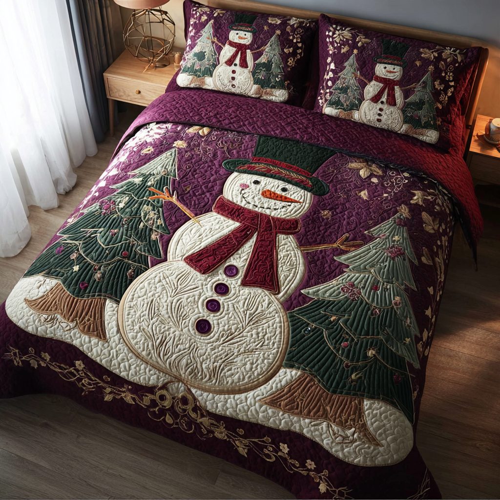 Snowman Glow quilted 3-piece bedding set on a made bed in a winter-styled bedroom