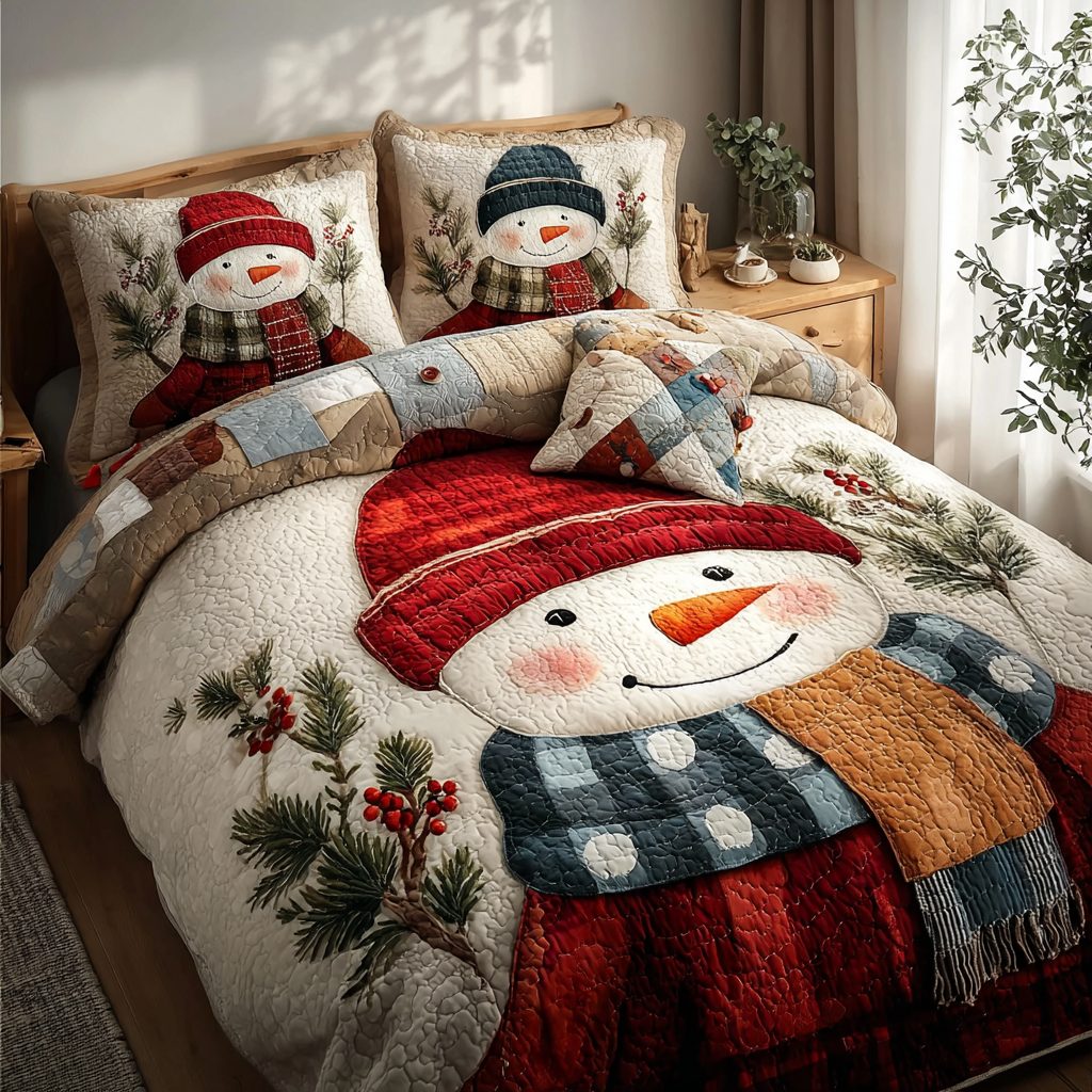 Snowman Joy quilted 3-piece bedding set on a made bed in a winter-styled bedroom