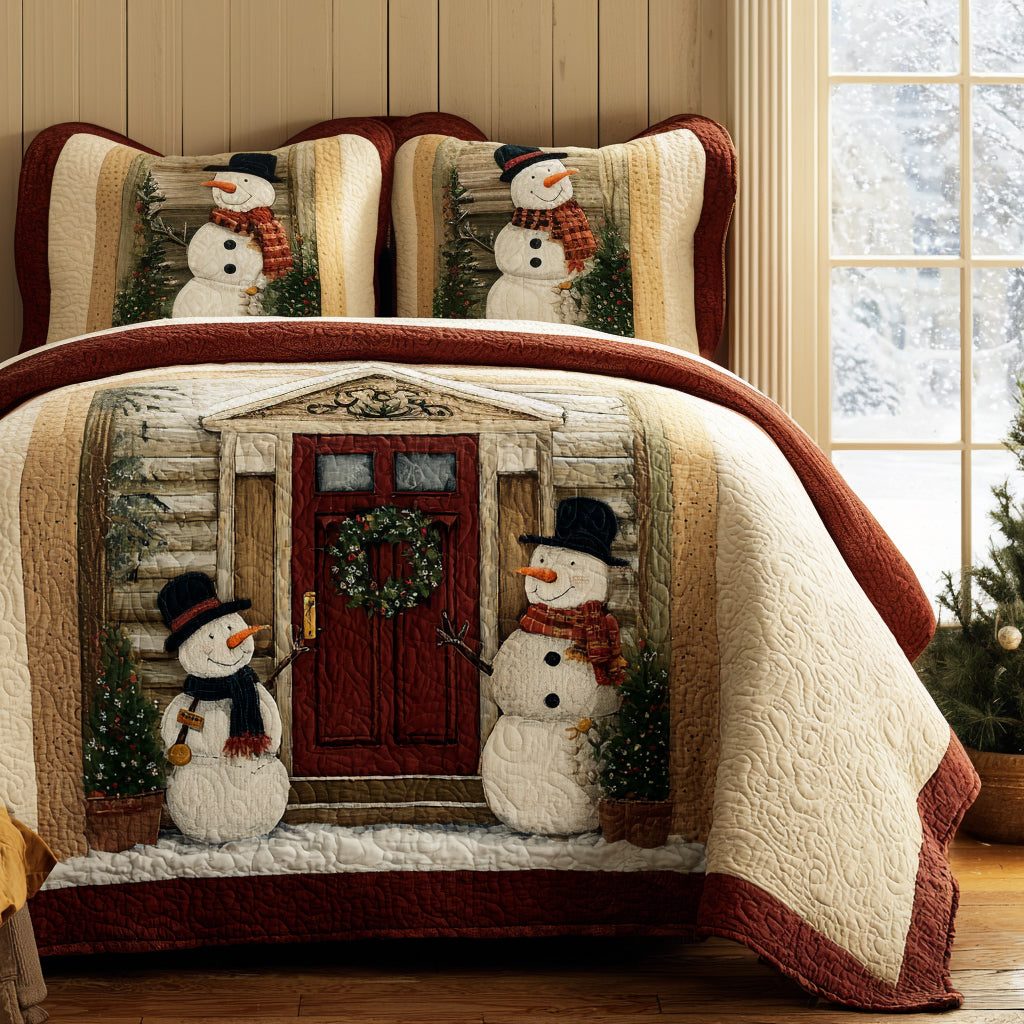 Snowman Magic quilted 3-piece bedding set on a made bed in a winter-styled bedroom