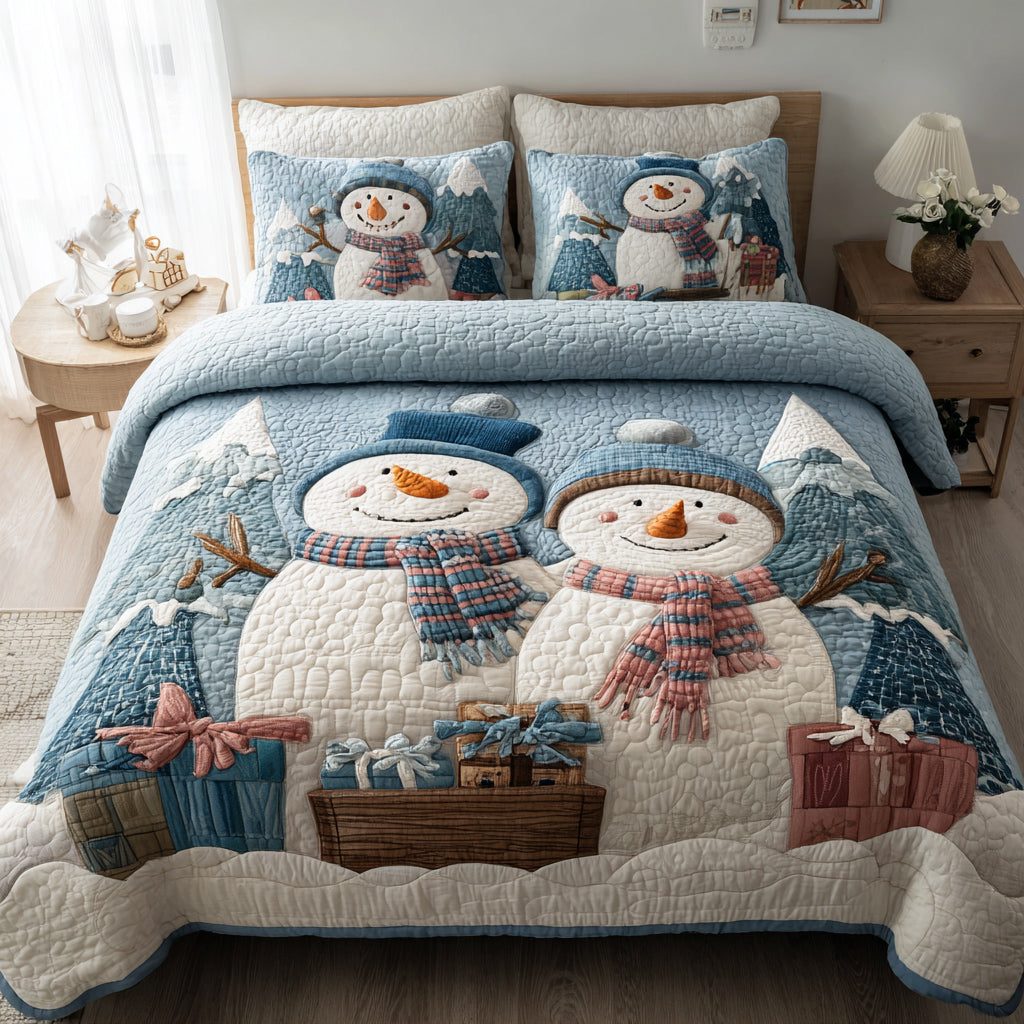 Snowman Mountain quilted 3-piece bedding set on a made bed in a winter-styled bedroom
