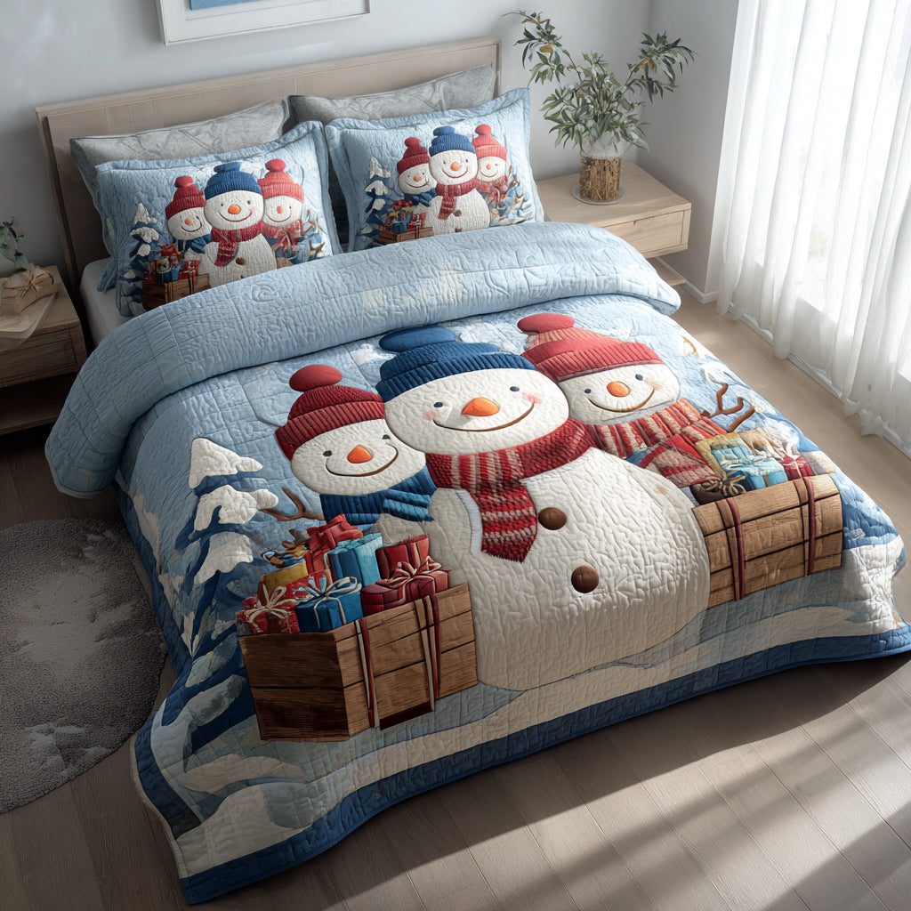 Snowman Sleigh quilted 3-piece bedding set on a made bed in a winter-styled bedroom