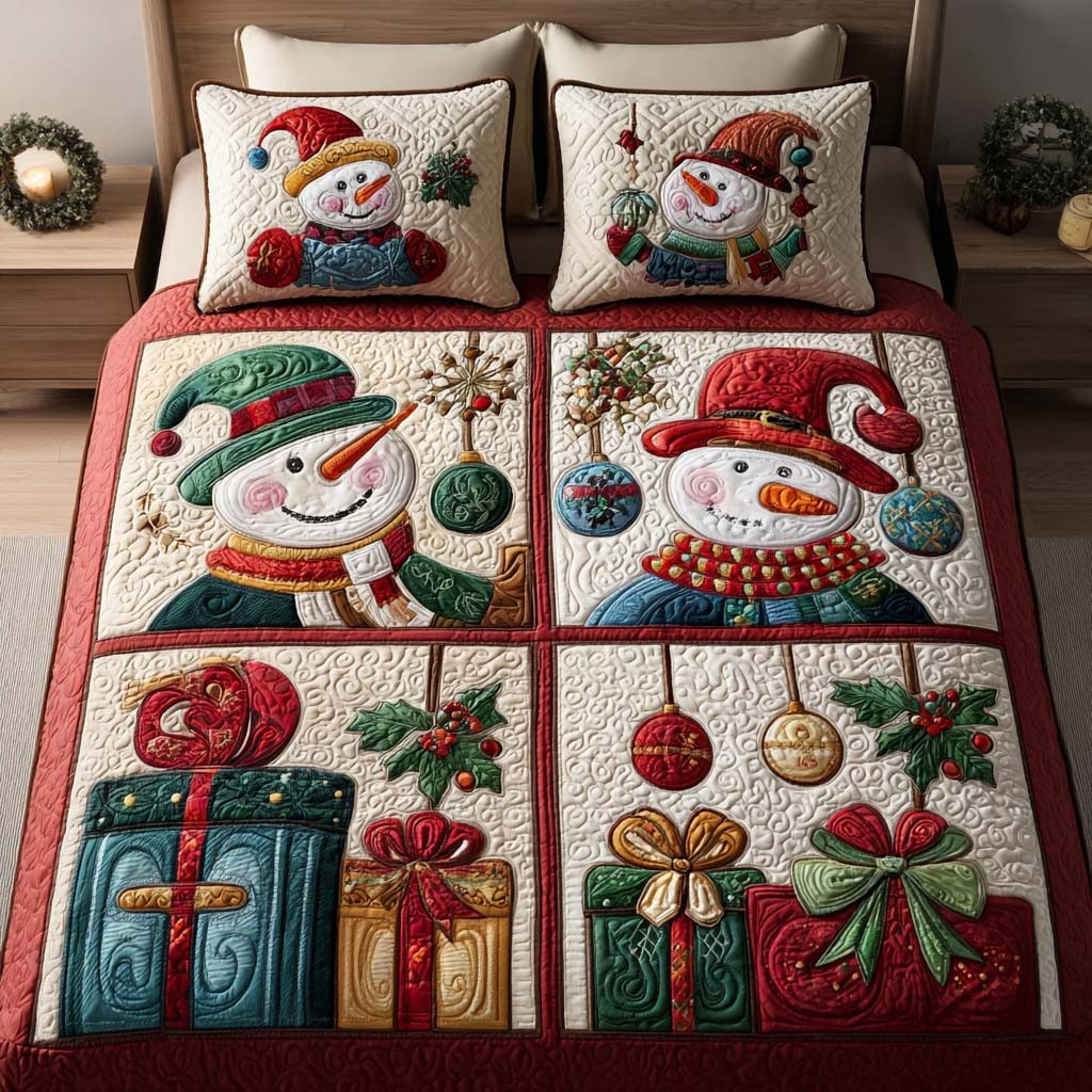 Snowman Smiles quilted 3-piece bedding set on a made bed in a winter-styled bedroom