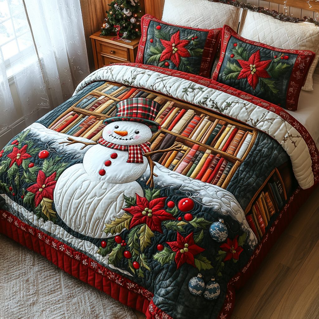 Snowman Tales quilted 3-piece bedding set on a made bed in a winter-styled bedroom
