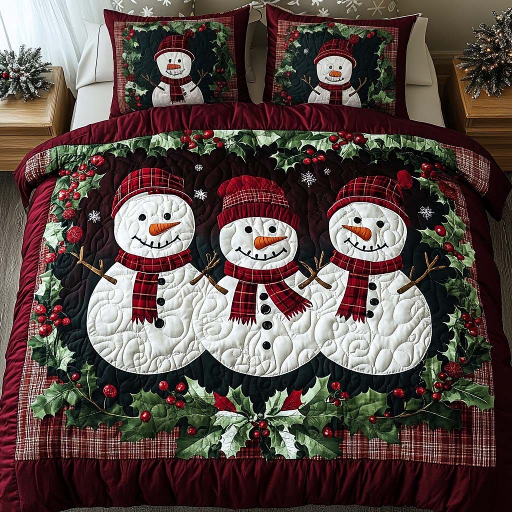 Snowman Trio quilted 3-piece bedding set on a made bed in a winter-styled bedroom
