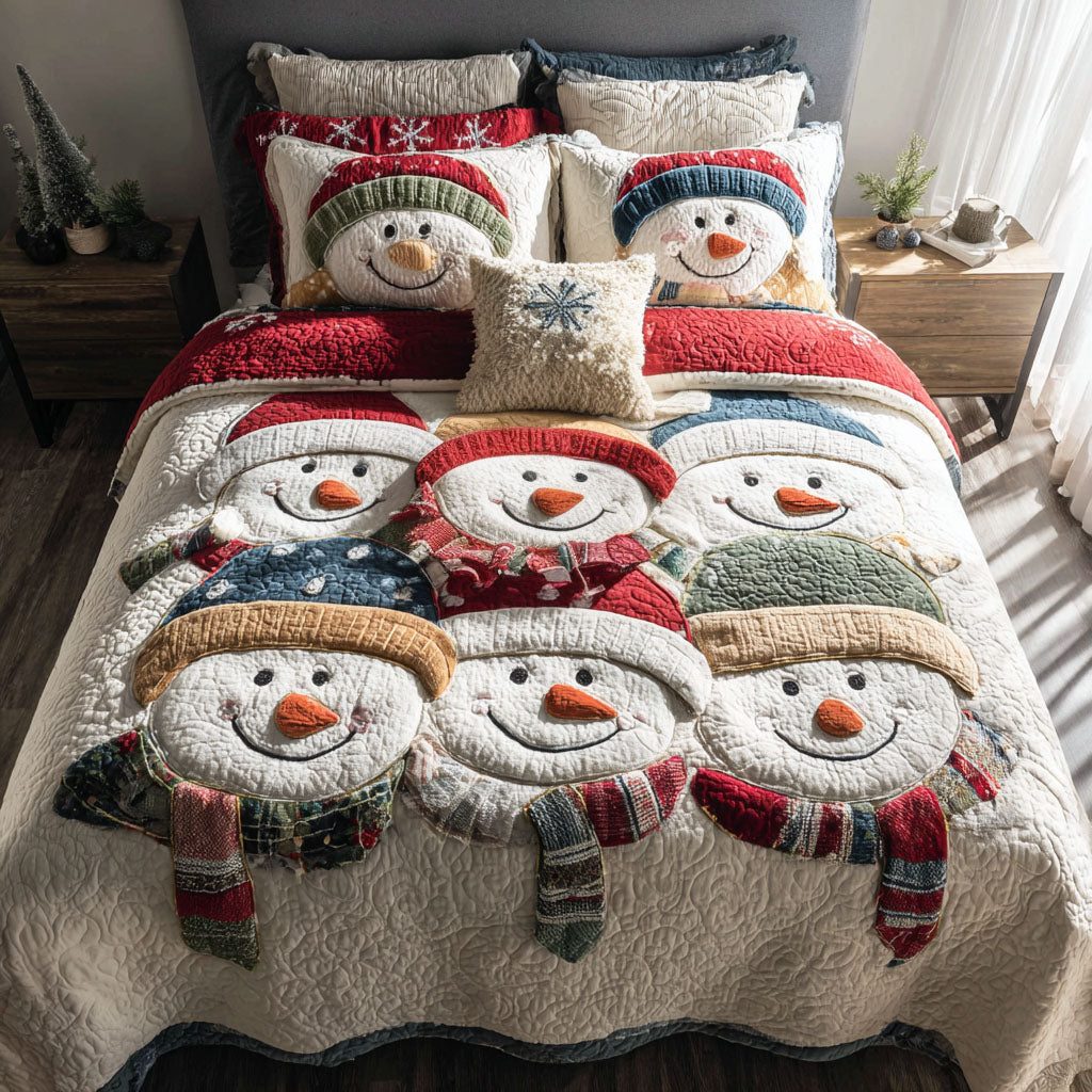 Snowman Village quilted 3-piece bedding set on a made bed in a winter-styled bedroom