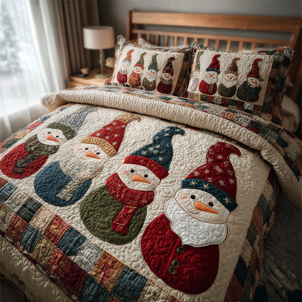 Snowman Wonder quilted 3-piece bedding set on a made bed in a winter-styled bedroom