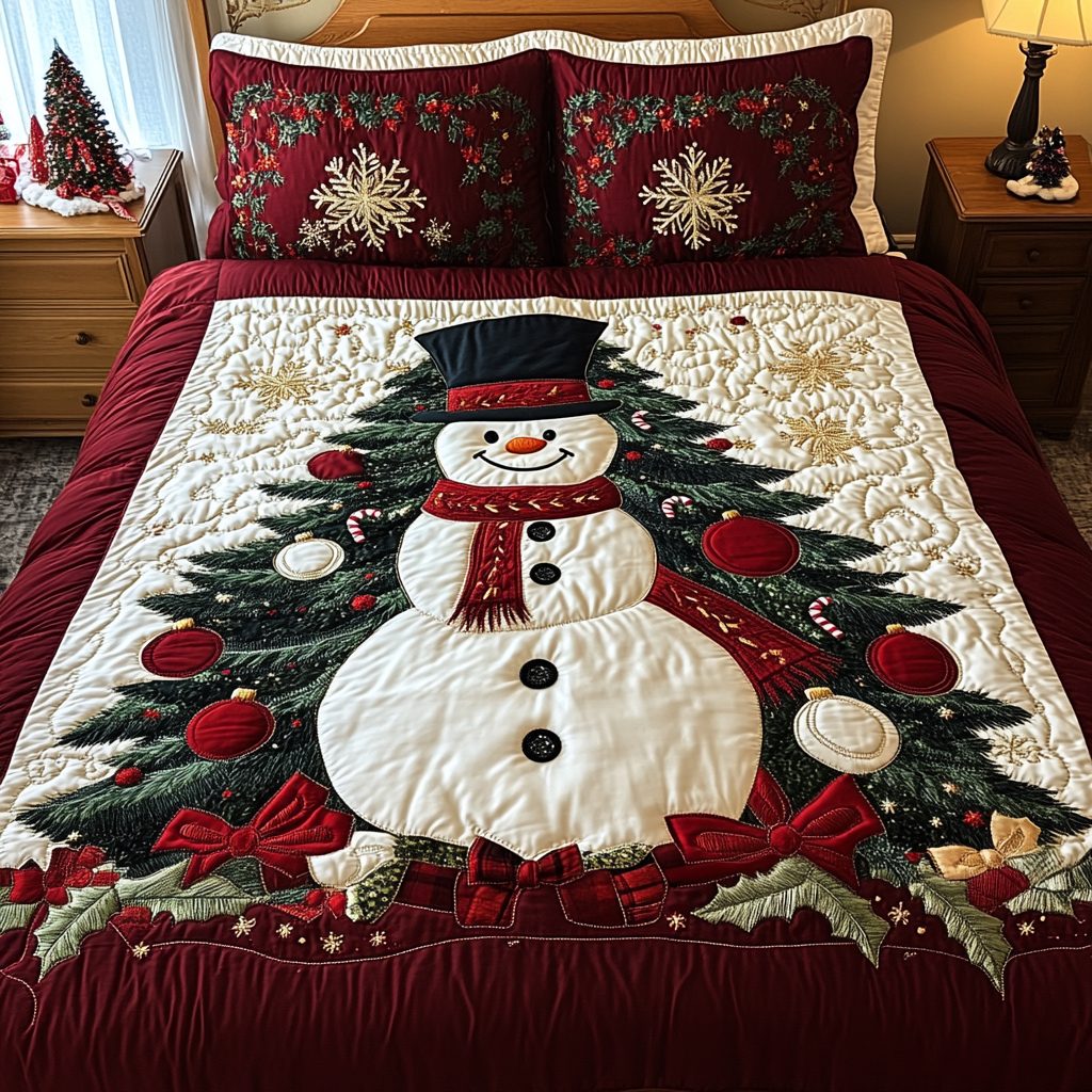 Snowman Wonder quilted 3-piece bedding set on a made bed in a winter-styled bedroom
