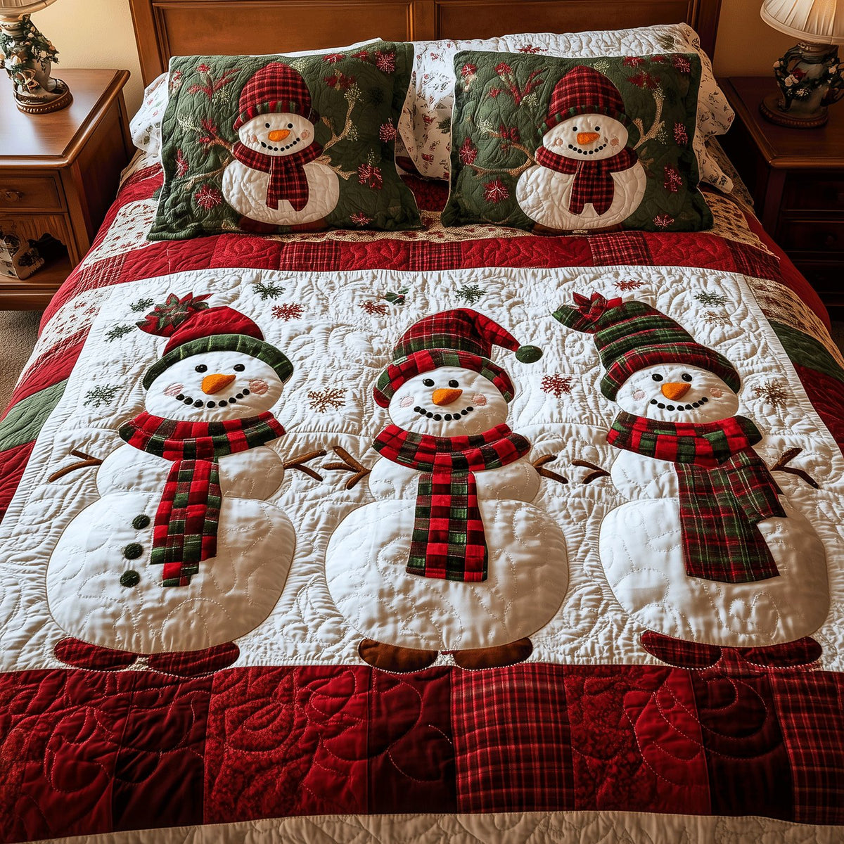 Snowman Wonderland quilted 3-piece bedding set on a made bed in a winter-styled bedroom