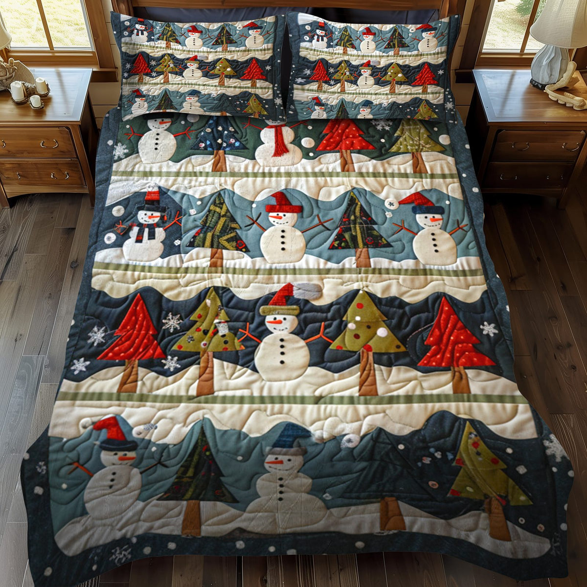 Snowmen Smiles quilted 3-piece bedding set on a made bed with two matching pillow shams