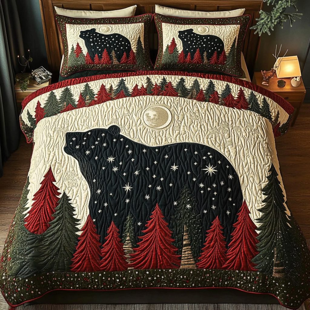 Snowy Bears quilted 3-piece bedding set on a made bed with two matching pillow shams