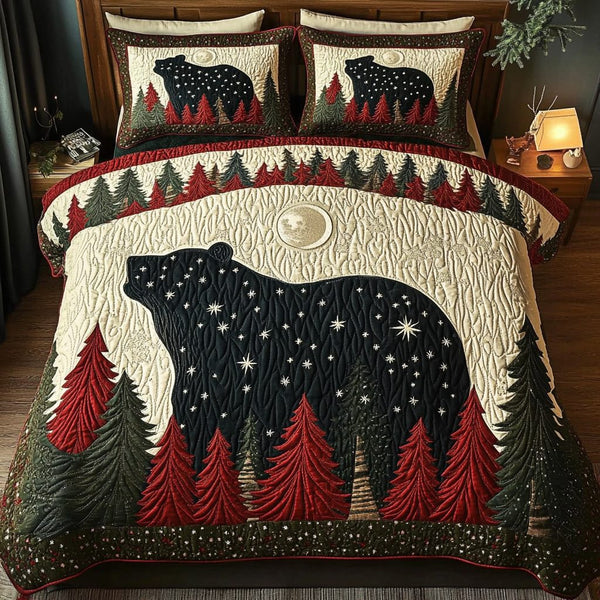 Snowy Bears quilted 3-piece bedding set on a made bed with two matching pillow shams