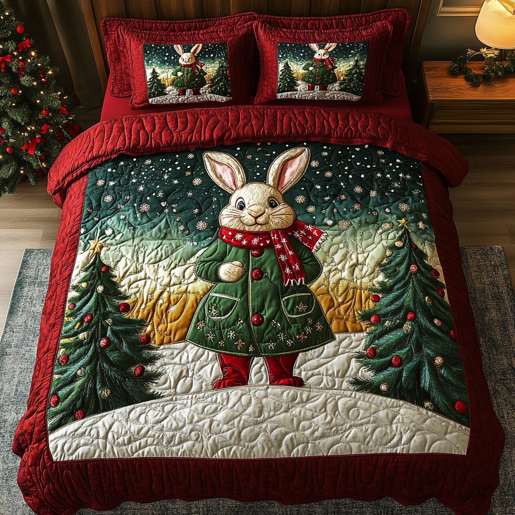 Snowy Bunny Delight quilted 3-piece bedding set on a made bed with two matching pillow shams