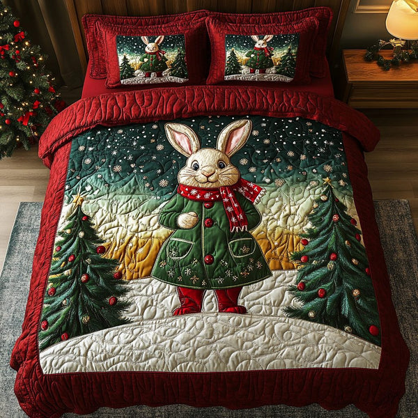 Snowy Bunny Delight quilted 3-piece bedding set on a made bed with two matching pillow shams