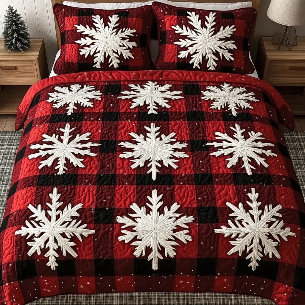 Snowy Cabin quilted 3-piece bedding set on a made bed with two matching pillow shams