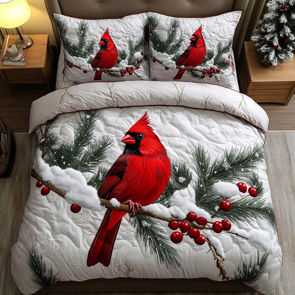 Snowy Cardinal Haven quilted 3-piece bedding set on a made bed with two matching pillow shams