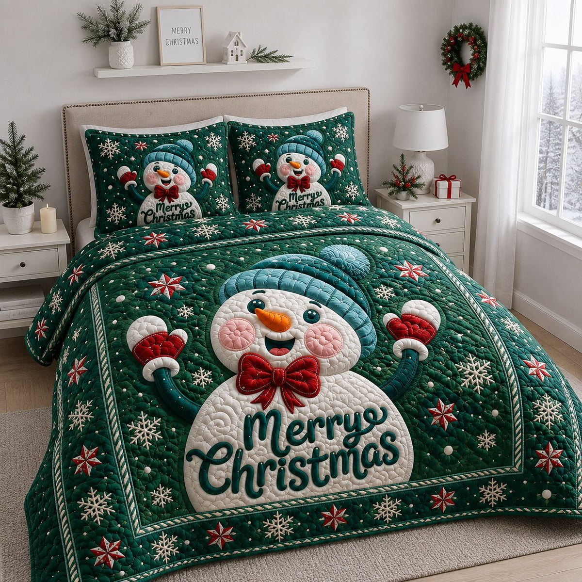 Snowy Cheer quilted 3-piece bedding set on a made bed with two matching pillow shams