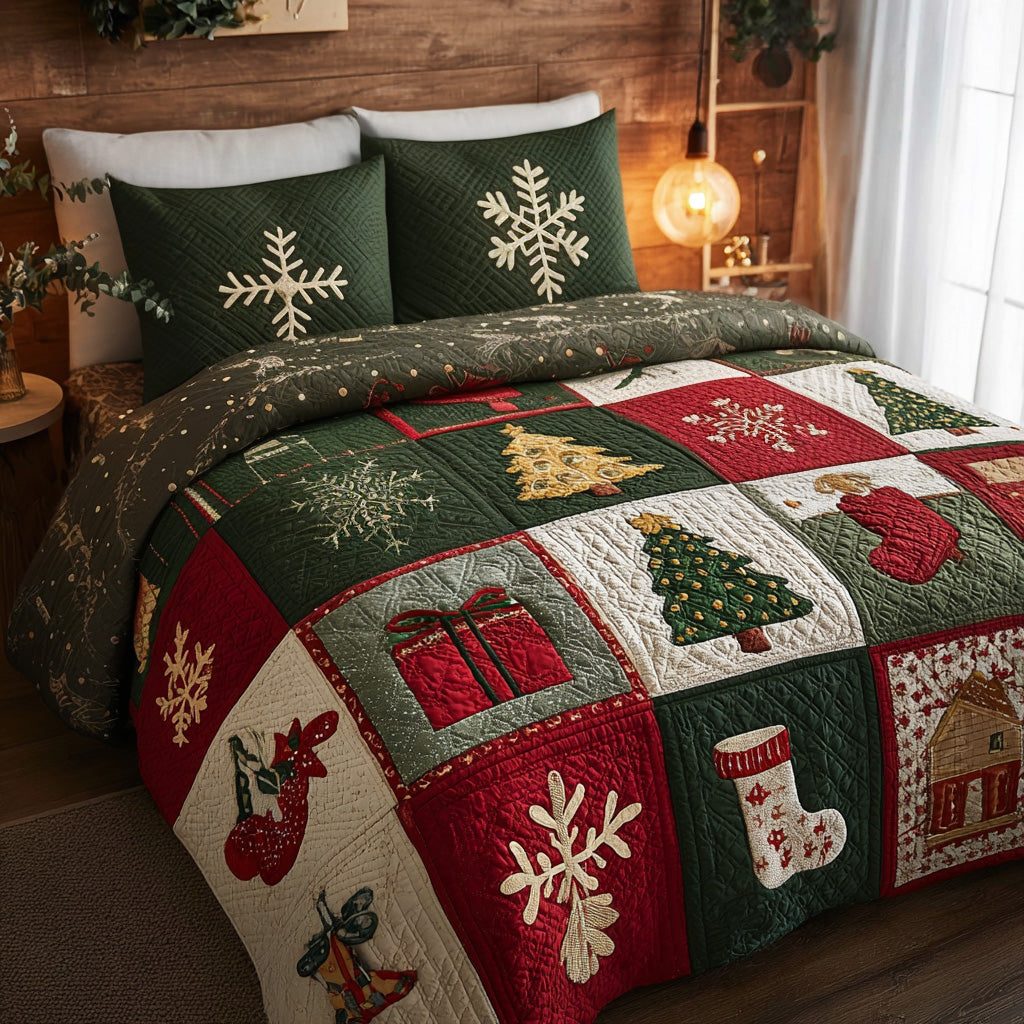 Snowy Cheer quilted 3-piece bedding set on a made bed with two matching pillow shams