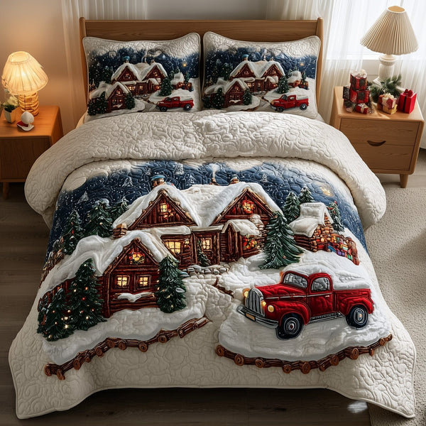 Snowy Christmas Village quilted 3-piece bedding set on a made bed in a winter-styled bedroom