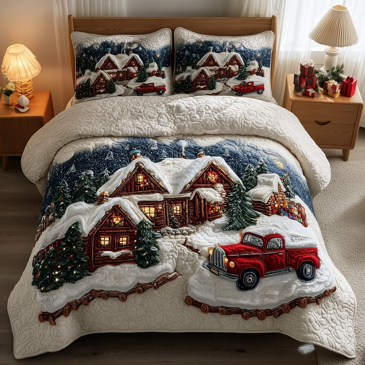Snowy Christmas Village quilted 3-piece bedding set on a made bed in a winter-styled bedroom