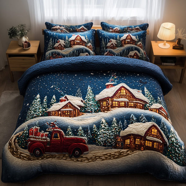 Snowy Christmas Village quilted 3-piece bedding set on a made bed in a winter-styled bedroom