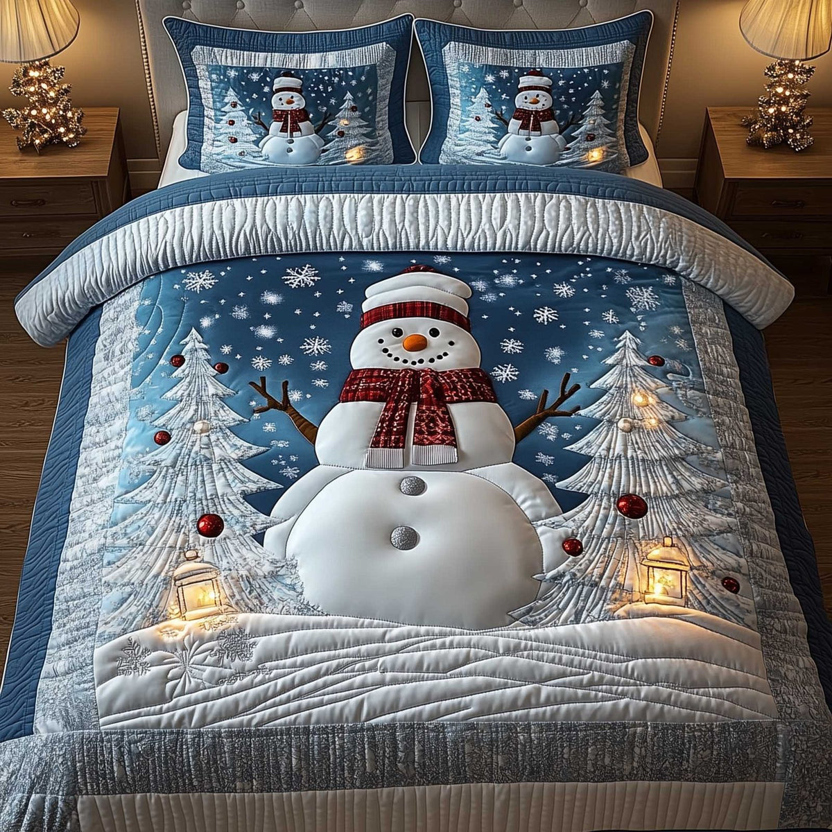 Snowy Companions quilted 3-piece bedding set on a made bed with two matching pillow shams