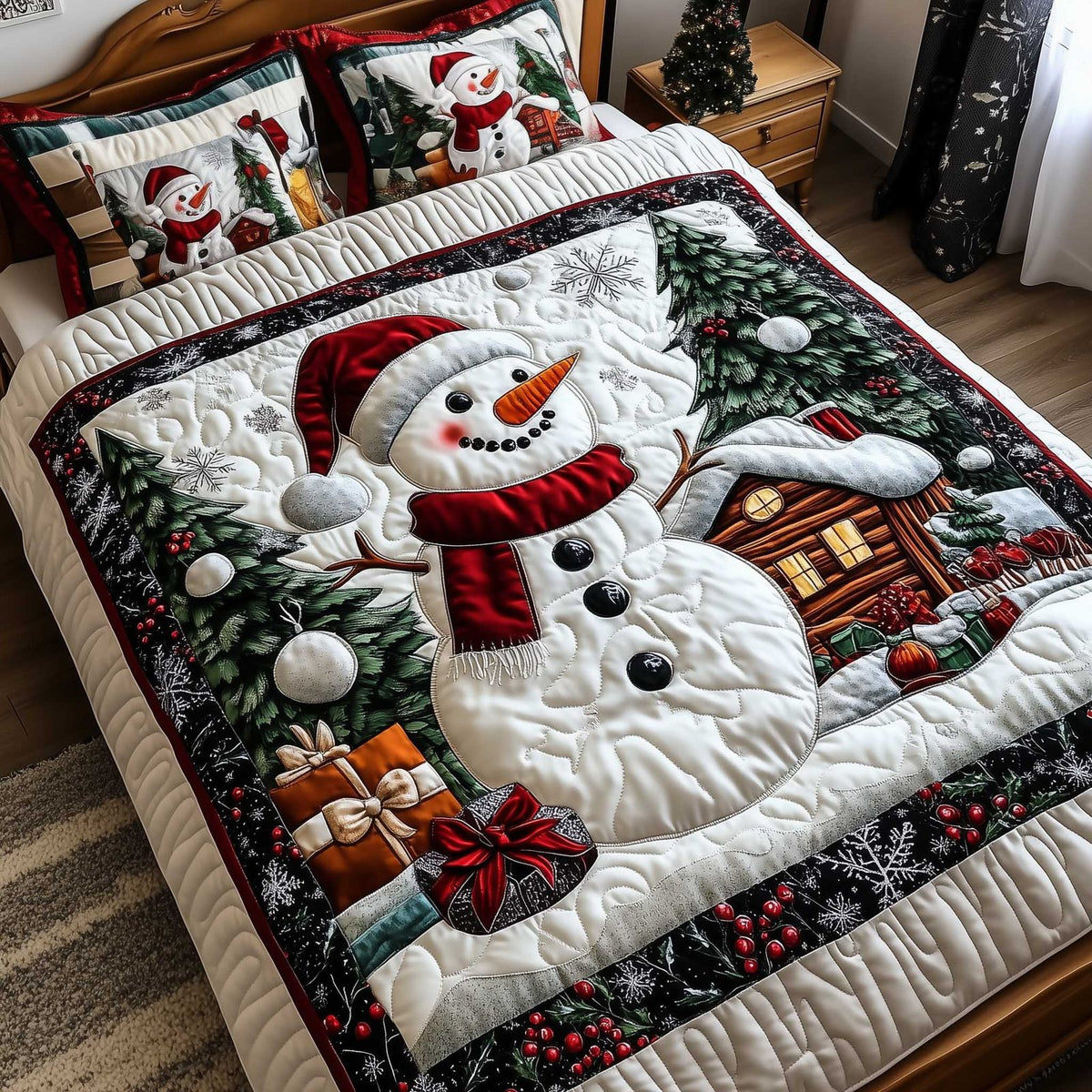 Snowy Companions quilted 3-piece bedding set on a made bed with two matching pillow shams