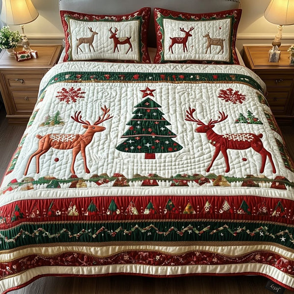 Snowy Deer quilted 3-piece bedding set on a made bed with two matching pillow shams