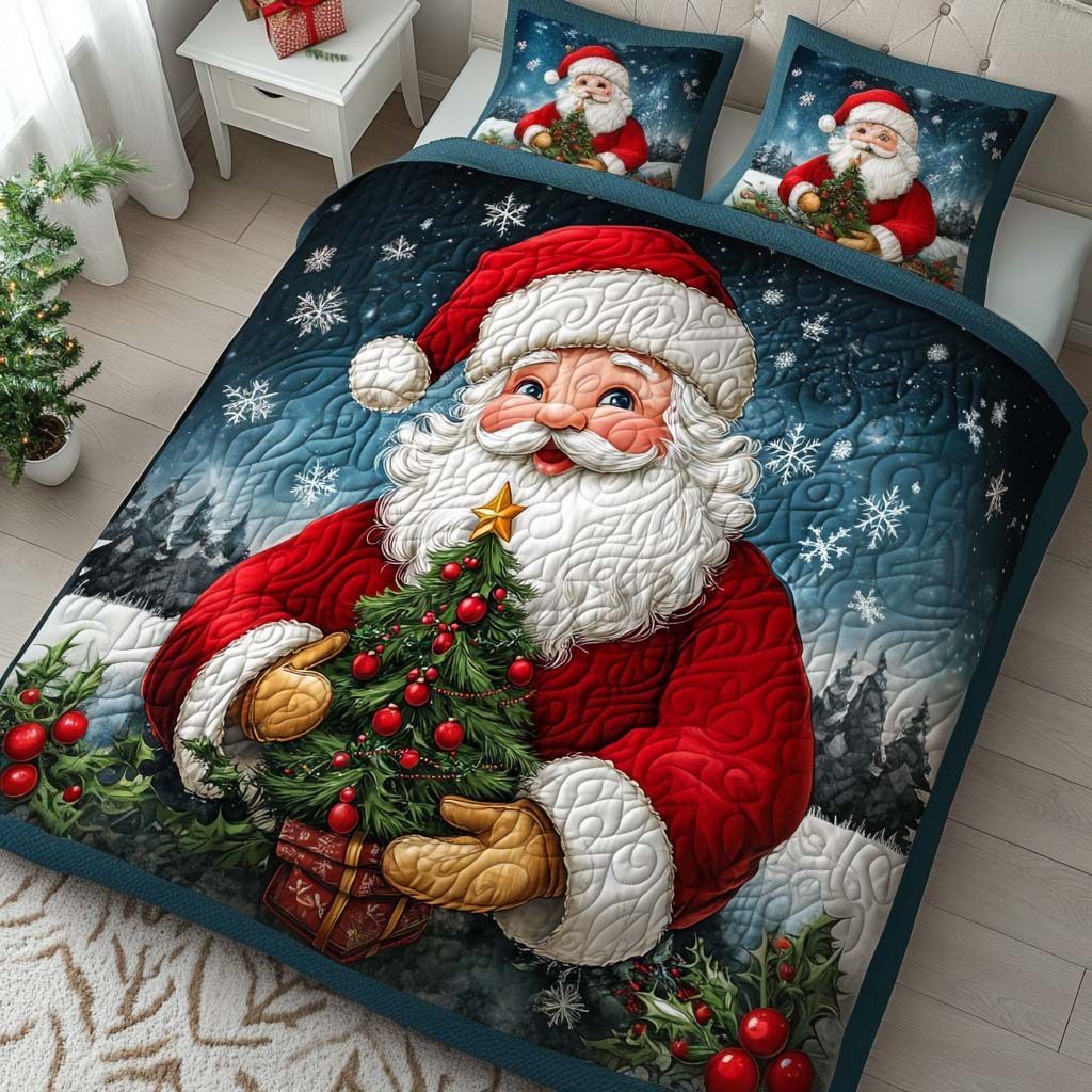 Snowy Delight quilted 3-piece bedding set on a made bed with two matching pillow shams