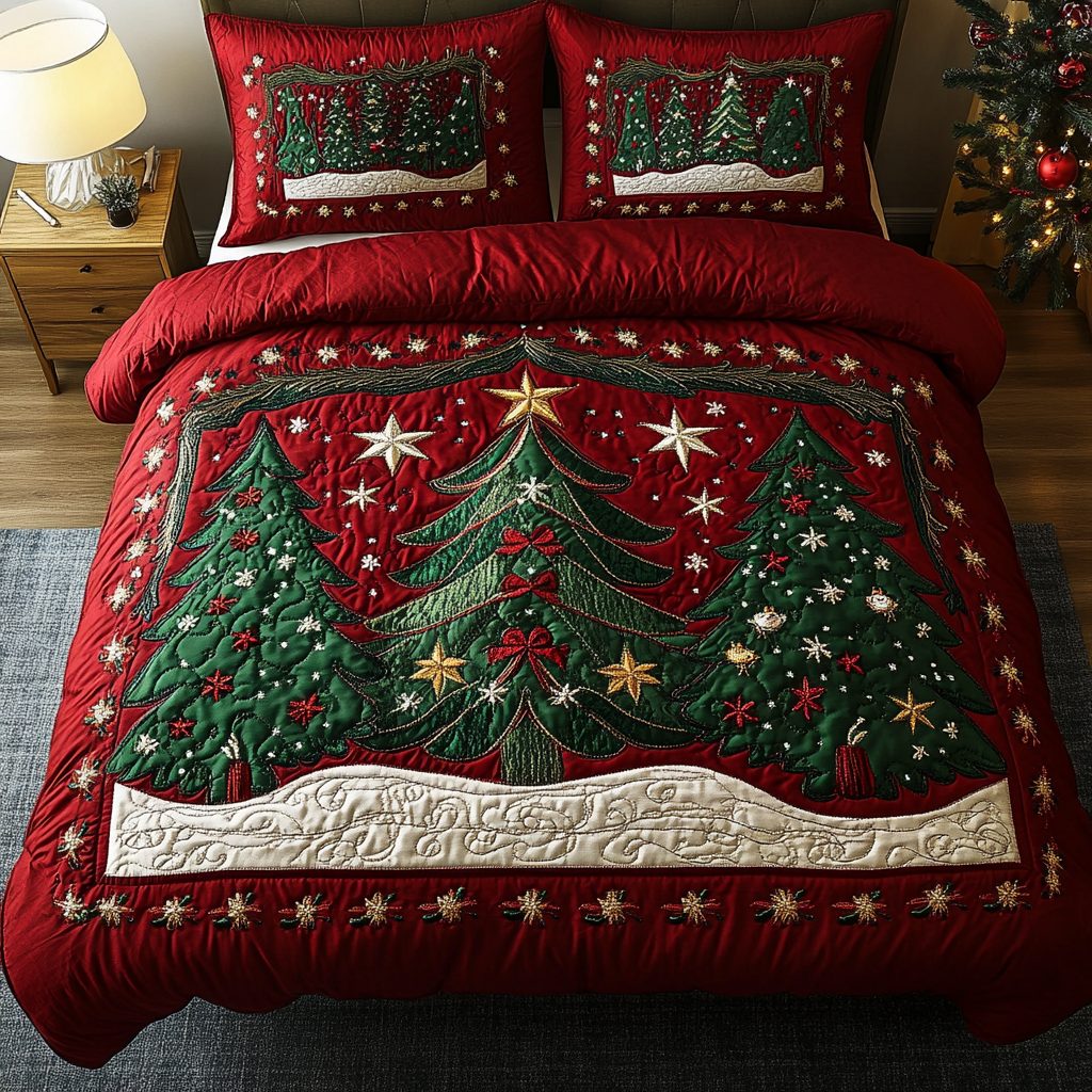 Snowy Dream quilted 3-piece bedding set on a made bed with two matching pillow shams