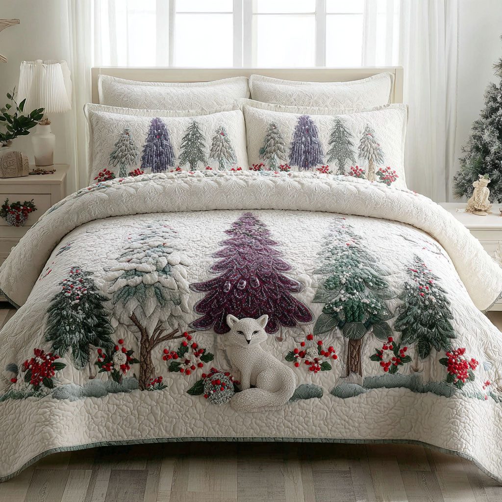 Snowy Fox Grove quilted 3-piece bedding set on a made bed with two matching pillow shams