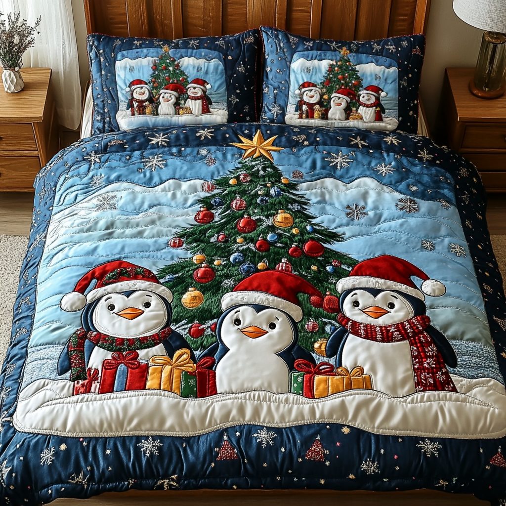 Snowy Friends quilted 3-piece bedding set on a made bed with two matching pillow shams