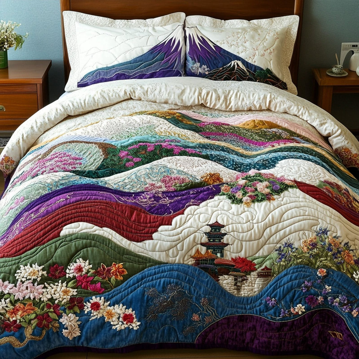 Snowy Fuji quilted 3-piece bedding set on a made bed with two matching pillow shams