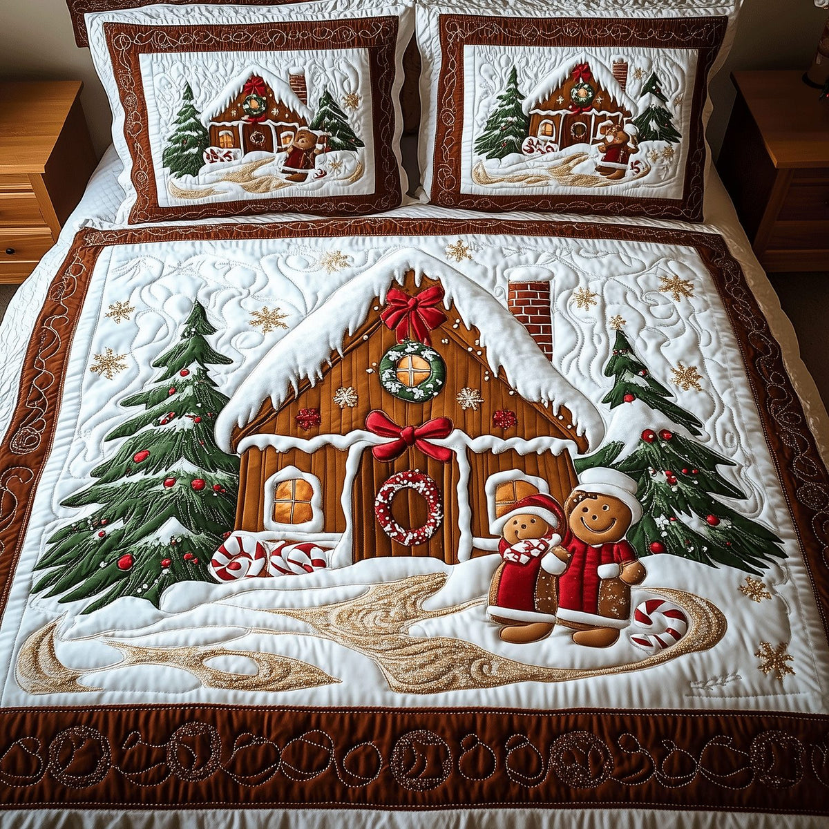 Snowy Gingerbread Nights quilted 3-piece bedding set on a made bed in a winter-styled bedroom