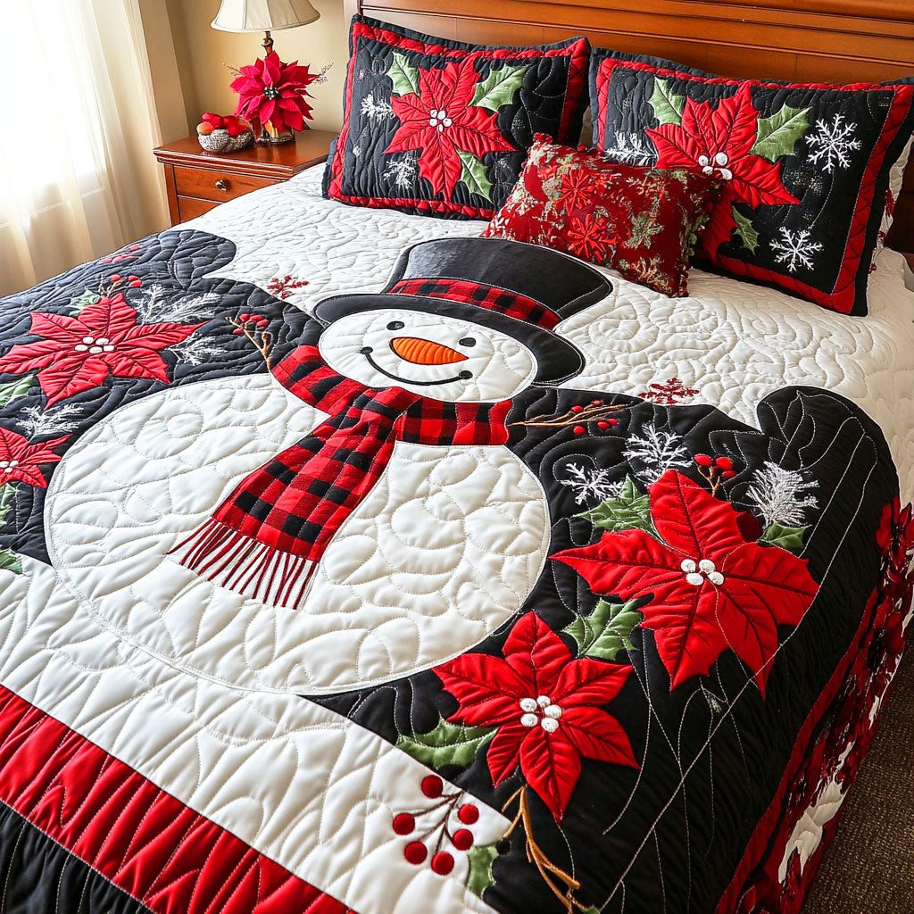 Snowy Glow quilted 3-piece bedding set on a made bed with two matching pillow shams