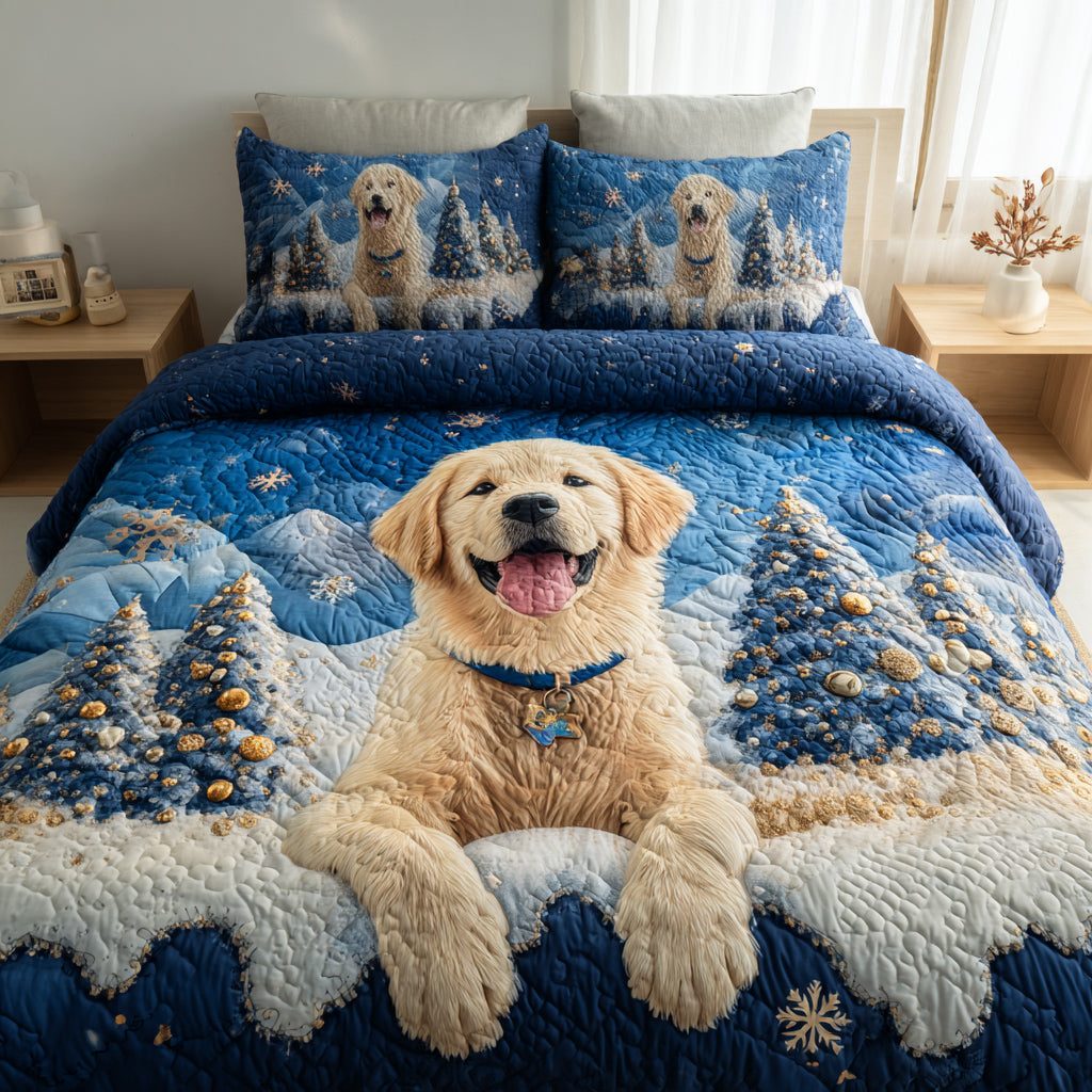 Snowy Golden Retriever quilted 3-piece bedding set on a made bed with two matching pillow shams